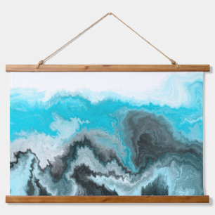 Wellen aus schwarzem, blauem und weißem Marmor Wandteppich Mit Holzrahmen
