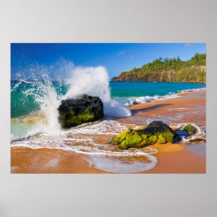 Wellen brechen auf dem Strand, Hawaii Poster