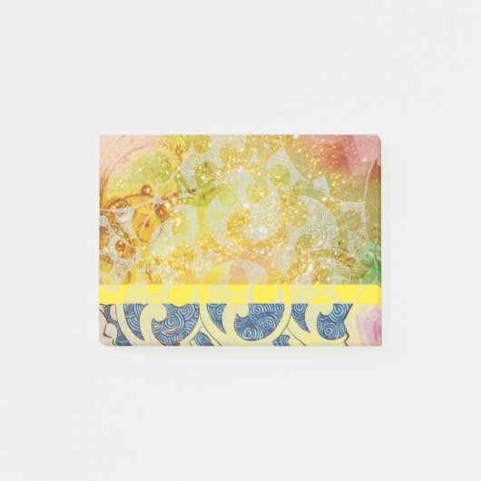 WELLEN / Hellgelbe blaue Wirbel in goldenen Glitze Post-it Klebezettel (Vorderseite)