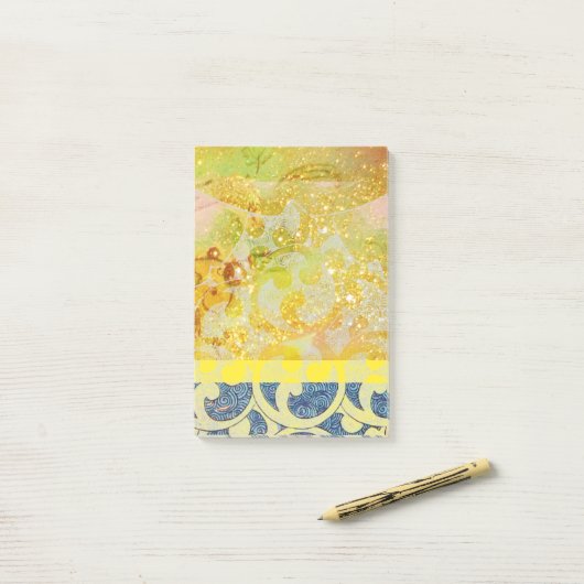 WELLEN / Hellgelbe blaue Wirbel in goldenen Glitze Post-it Klebezettel (Auf Schreibtisch)