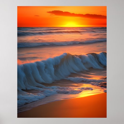 Wellen im Meer mit Sonnenuntergang Poster (Vorne)
