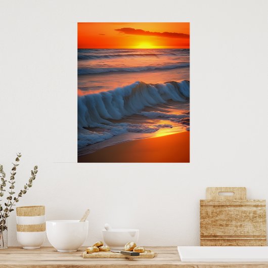 Wellen im Meer mit Sonnenuntergang Poster (Küche)
