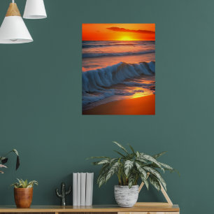 Wellen im Meer mit Sonnenuntergang Poster