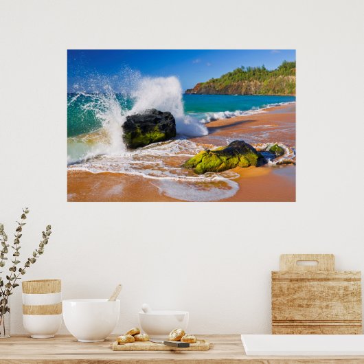 Wellen stürzen am Strand, Hawaii Poster (Küche)