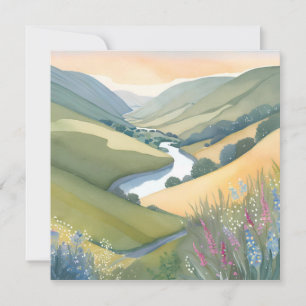 Wellenförmige Hügel Landschaft Wasserfarbe Schön Karte