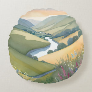 Wellenförmige Hügel Landschaft   Wasserfarbe Schön Rundes Kissen