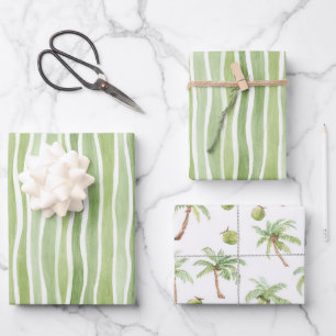 Wellenförmige Limettengrüne Creme Streifen Geschenkpapier Set