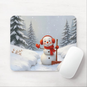 Wellenförmiger Schneemann mit einer roten Schaufel Mousepad