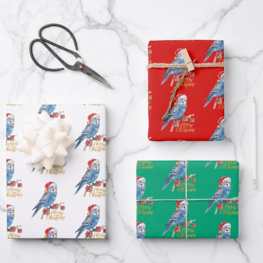 Wellensittich-Weihnachtspapier Geschenkpapier Set (Vorderseite)