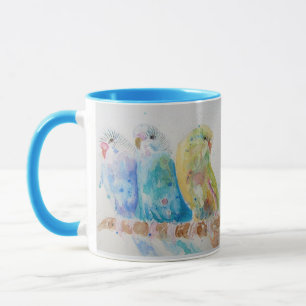Wellensittiche Drei sitzen Ast Wasserfarbe Tasse B