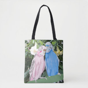 Wellensittiche und weiße Engelstrompete-Blüten Tasche