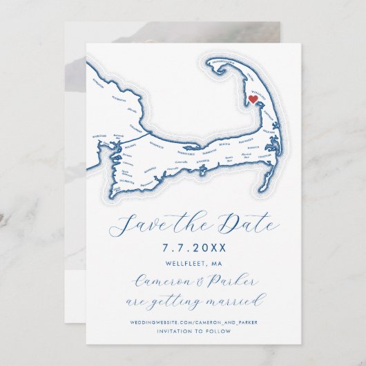 Wellfleet MA Cape Cod Map Navy Blue Wedding Save The Date (Vorne/Hinten)