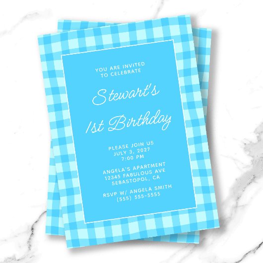 Wellige blaue Sommer-Gingham-Bold 1. Geburtstag Einladung