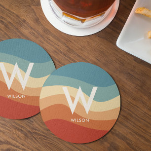 Wellige Retro-gestreifte Monogramm-Party Runder Pappuntersetzer