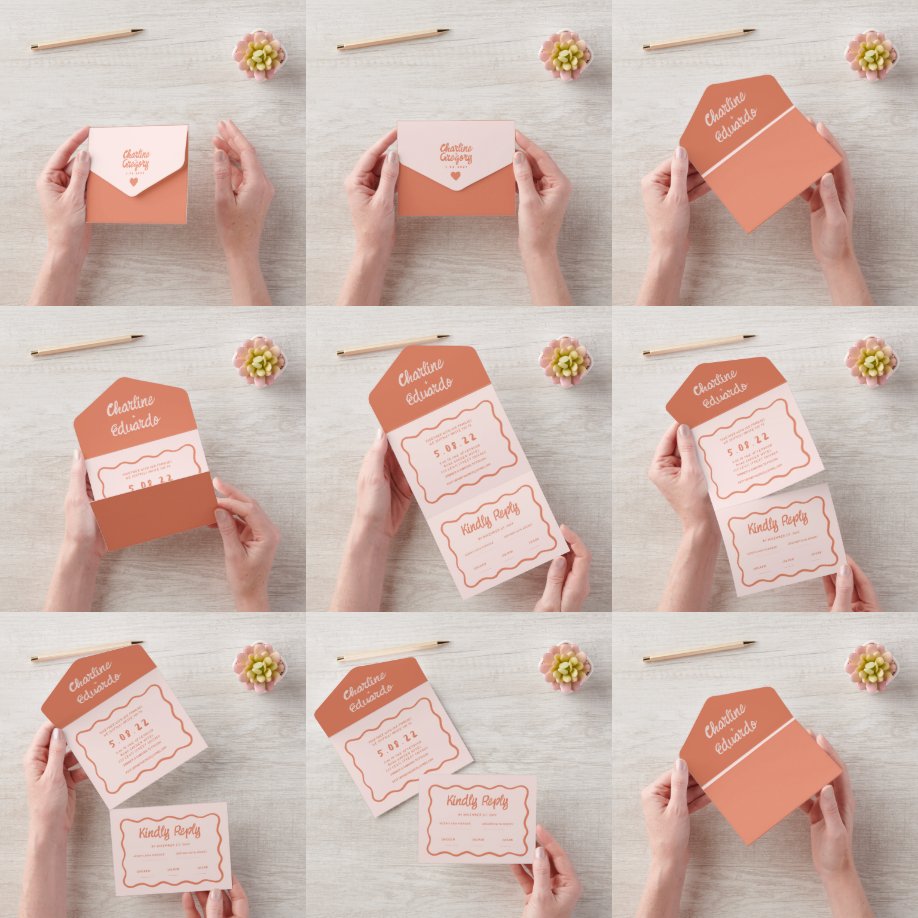 Wellige Retro-Rosa und Rote Handschrift Hochzeit All In One Einladung