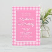 Wellige rosa Sommer-Gingham-Kühn 1. Geburtstag Einladung (Stehend Vorderseite)