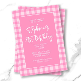 Wellige rosa Sommer-Gingham-Kühn 21. Geburtstag Einladung