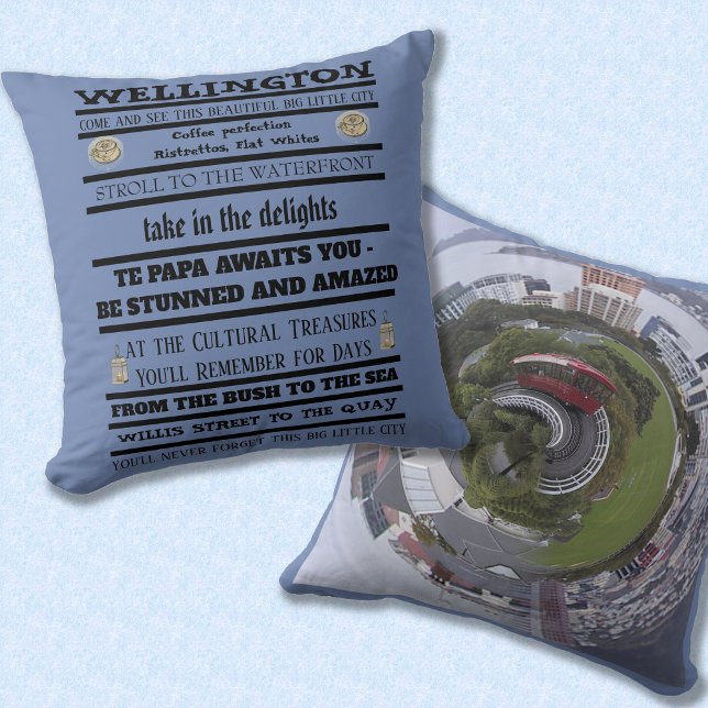 Wellington CIty N.Z., Little Planet Effect Kissen (Front view with text, back view of the city, litle planet style :))