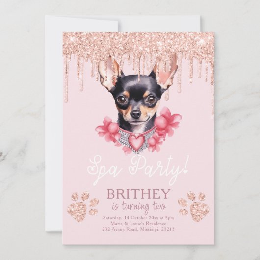 Wellness-Center Birthday Elegante Dog Glitzer Einladung (Vorderseite)