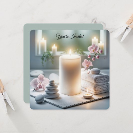 Wellness-Center Brautparty mit Orchideen und Kerze Einladung (Vorderseite/Rückseite Beispiel)