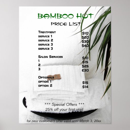 Wellness-Center Salon Massage Preisliste Poster (Vorne)