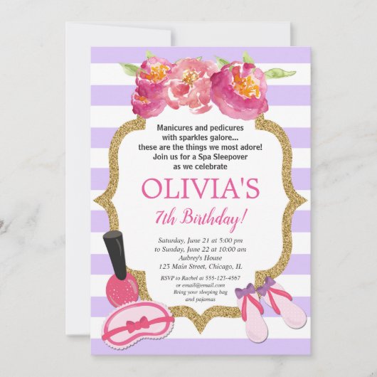 Wellness-Center Sleepover lila und gold Geburtstag Einladung (Vorderseite)