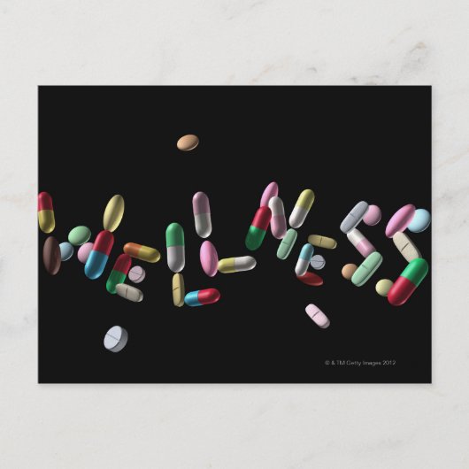 "WELLNESS", mit Pillen geschrieben Postkarte (Vorderseite)