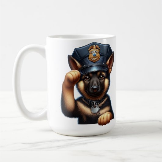 Welpe als Polizeibeamte mit Oberteil und Abzeichen Kaffeetasse (Links)
