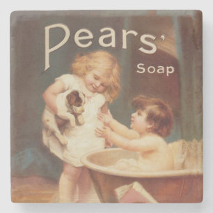 Welpe beim Baden Vintage Antik Steinuntersetzer