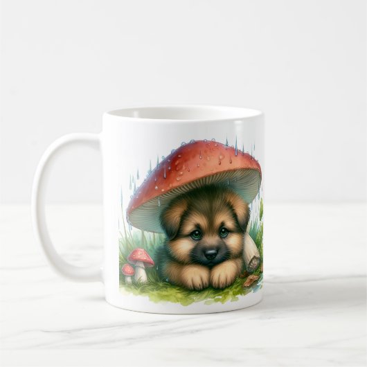 Welpe der deutschen Schäferhirte unter einem Mushr Kaffeetasse (Links)