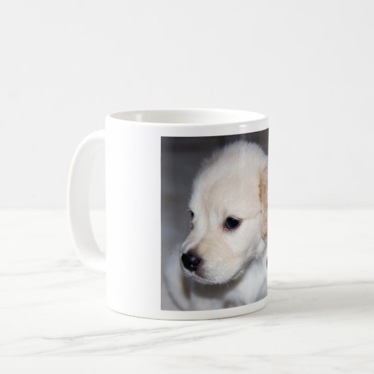 Welpe des goldenen Retrievers mit einer roten Kaffeetasse (Vorderseite Links)
