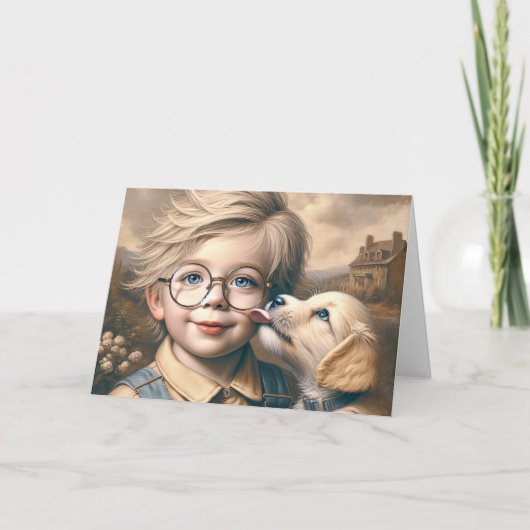 Welpe, die das Gesicht des Jungen leckt Karte (Vorderseite)