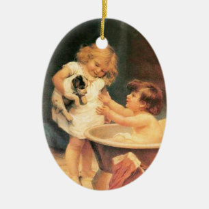 Welpe, die ein Bad Vintag antike Keramikornament