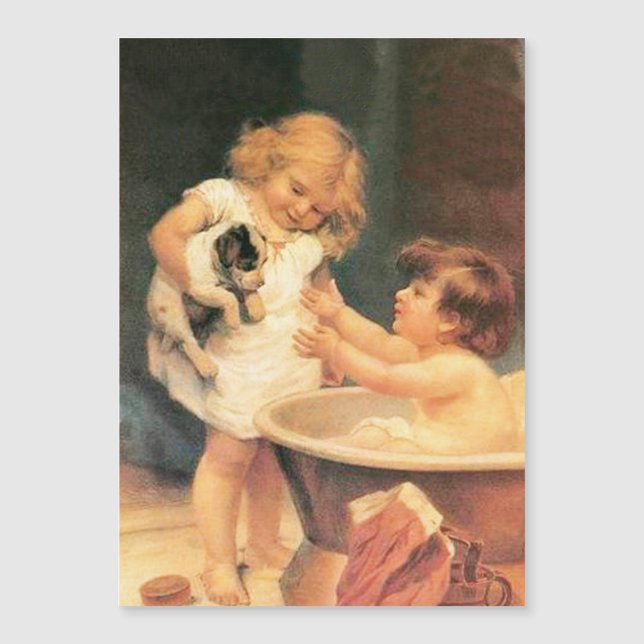 Welpe, die ein Bad Vintag antike Magnetkarte (Vorderseite)