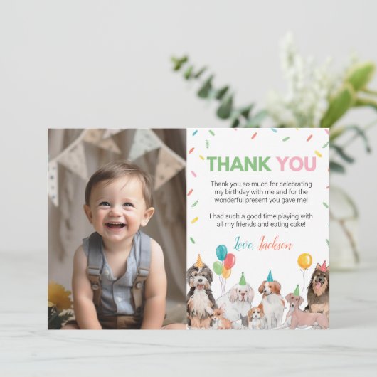 Welpe Dog Boy Birthday Foto Danke Karte (Stehend Vorderseite)