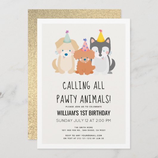 Welpe Dog Gold Glitzer Pawty Animals Geburtstag Einladung (Vorne/Hinten)