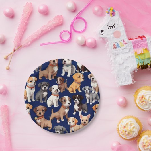 Welpe Dog Navy Blue Design Pappteller (Party)