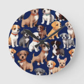 Welpe Dog Navy Blue Design Runde Wanduhr (Vorderseite)