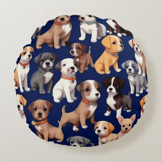 Welpe Dog Navy Blue Design Rundes Kissen (Vorderseite)