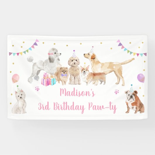 Welpe Dog Pink Girl Paw ty Birthday Banner (Horizontal)