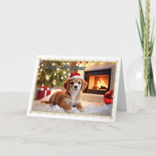 Welpe durch Fireplace Weihnachtskarte Karte (Vorderseite)