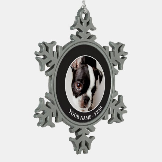 Welpe Edison Boston Terrier Schneeflocken Zinn-Ornament (Links)