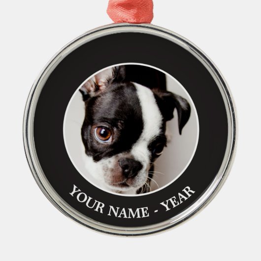 Welpe Edison Boston Terrier Silbernes Ornament (Vorne)