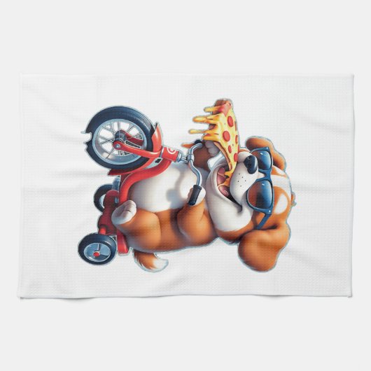 Welpe fährt Fahrrad und isst Pizza Geschirrtuch (Horizontal)