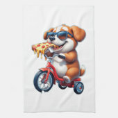 Welpe fährt Fahrrad und isst Pizza Geschirrtuch (Vertikal)