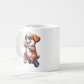 Welpe fährt Fahrrad und isst Pizza Kaffeetasse (Vorderseite Links)