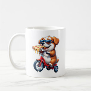 Welpe fährt Fahrrad und isst Pizza Kaffeetasse