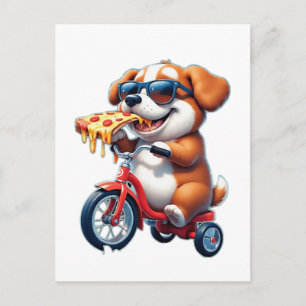 Welpe fährt Fahrrad und isst Pizza Postkarte