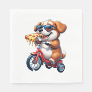 Welpe fährt Fahrrad und isst Pizza Serviette