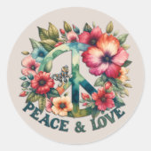 Welpe & Floral 70er Retro "Peace & Liebe" Runder Aufkleber (Vorderseite)